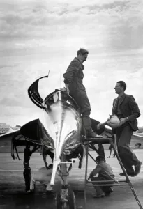 Aircraft Prints: Test Pilot and world speed record holder Peter Twiss at Farnborough with his Fairey Delta aircraft
