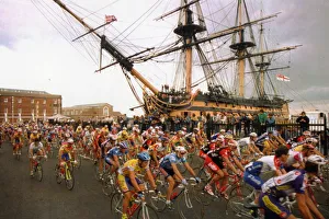 Ships Prints: Tour de France cycle race passes through Portsmouth with HMS Victory in background