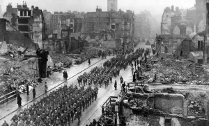 World War 2 Prints: Troops march through London ruins during Remembrance service, 19