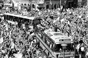 Victorious West Ham team on the bus with the FA Cup at East Ham town hall 1980