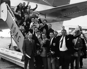 1970s Prints: Wakefield Trinity Rugby League club wave goodbye at London Airport before flying to South Africa 1962