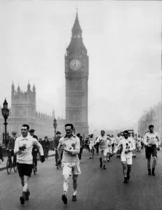Walkers start a London to Brighton on Westminster Bridge