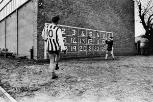 West Bromwich Albion inside forward John Kaye practises scoring against a numbered wall